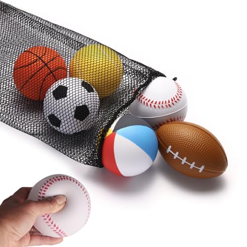 Mini Sports Balls Set of 6 Foam Ball for Kids 2.8 inch Soft Balls for Toddlers with Bag Includes Soccer, Basketball, Football, Baseball ,Tennis and Beach ball- Throwing Toys for Baby Boy and Girl