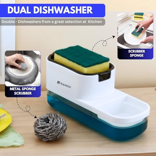 Image of Ranox Soap Dispenser for Kitchen Sink Accessories, Dish Wash Liquid Dispenser Pump 400ml with Sponge Holder, Bathroom Soap Dispensers, Kitchen Sink Organizer (White (Dual Dishwasher))