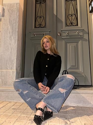 Zeagoo Cárdigan de punto para mujer, manga larga, cuello redondo, botones, chaqueta de punto frontal abierta, suéter elegante para mujer, A-negro., L - imagen 5