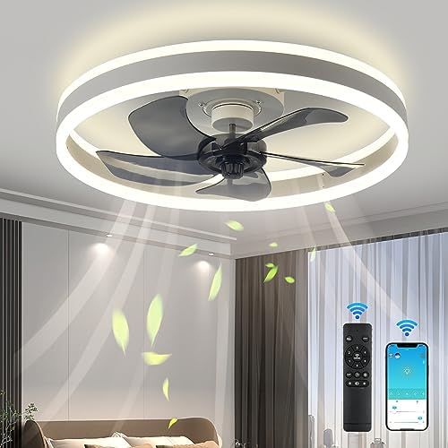 Low Profile Ceiling Fan with Lights,3 Colors Dimmable LED 6 Speeds Modern Ceiling Fan with Remote,Flush Mount Smart Bladeless Ceiling Fan for Bedroom, Living Room, Kitchen(19.7"x5.5") 2 51NavWnGg8L. AC
