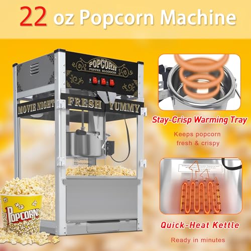 Image of Commercial Popcorn Machine with Cart & Wheels 丨 Popcorn Maker Machine with 22OZ Stainless Steel Kettle丨 Pop corn Machine Maker for Home, Theater, Parties, Black