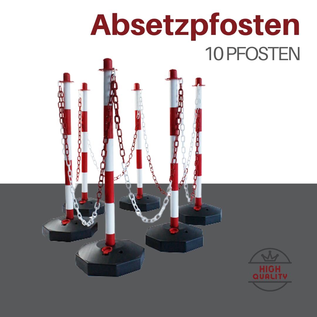10er Set Absperrpfosten Rot-Weiß mit 44 m Kette – Absetzpfosten aus robustem Kunststoff für Innen & Außen – Begrenzungsposten, Absperrband, Verkehrssicherung