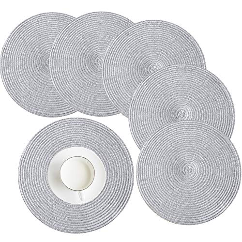 HEYOMART 6er Set Platzsets Rund Geflochtene Tischsets Abwaschbar Silber Rund Platzsets Waschbar Hitzebest&auml;ndig Platzdeckchen Weihnachten f&uuml;r Hochzeit, Fest, K&uuml;che, Dekor - 38cm