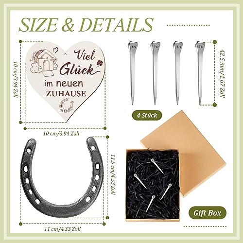 Foto von Hestya Hufeisen Glücksbringer Geschenk Set mit Hufeisen 4 Nägel Herzschild mit Motiv Viel Glück im Neuen Zuhause Einweihungsgeschenk