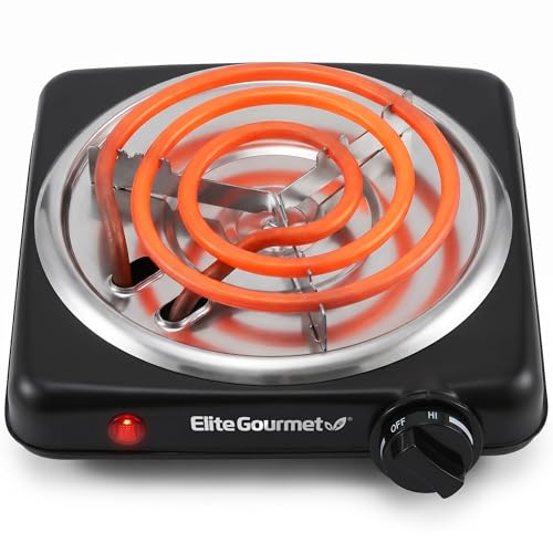 Elite Gourmet ESB200B Electric Single Burner, 1000W Portable Coil Hot Plate with Adjustable Temperature Control, Power Indicator Light, Built-In Drip Pan, Works with All Cookware, Black