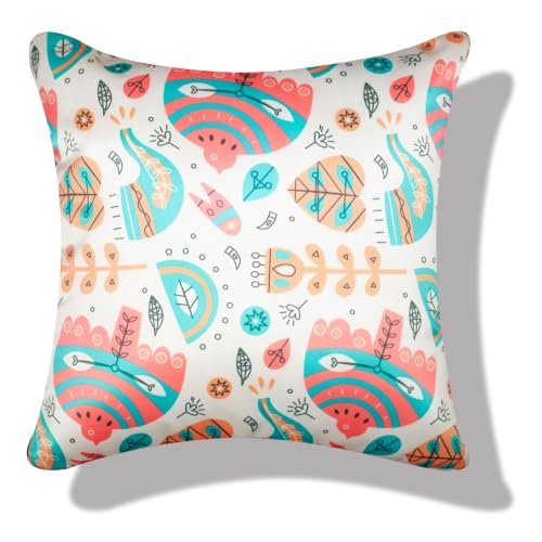 Image of Decorative Satin Sofa Cushion Covers Set of 5, 16 x 16 Inches, Multicolor Floral Printed Pillow Covers for Living Room, Bedroom, Couch & Sofa, Soft Glossy Fabric, Zipper Closure
