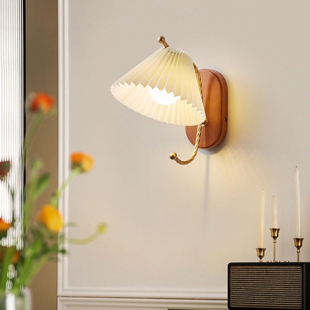 Affittuario amichevole paralume in tessuto plissettato vintage braccio dritto lampada da parete a 1 luce applique da parete in rame con filo metallico lampada da comodino in legno