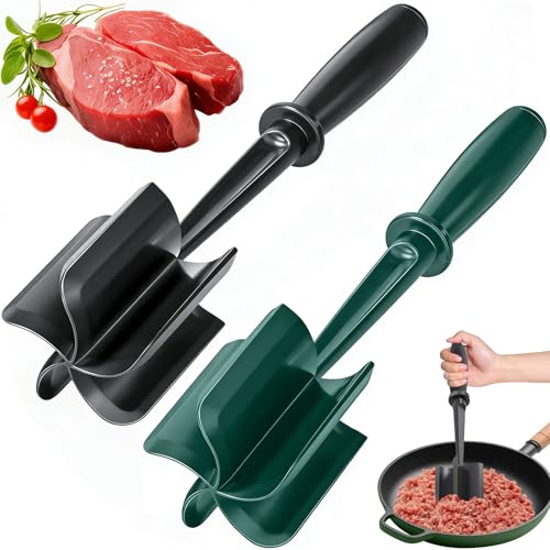 Hackfleisch Zerkleinerer 2er Pack Schwarz & Grün Kartoffelstampfer mit 5 Klingen Meat Chopper Fleischzartmacher Hitzebeständiges Küchenutensil Schont Antihaftpfannen & ideal für Rind Putenhack