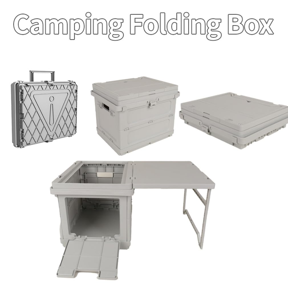 Beolur 2-in-1 Klappbox mit Tisch – Faltbare Aufbewahrungsbox mit ausziehbarem Tischplatte, tragbar für Camping, Van, Wohnmobil, Kofferraum & Zuhause, ABS+PP Kunststoff, inkl. DIY Sticker