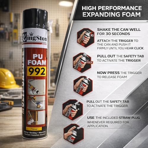Image of Kingston Multipurpose Expandable PU Foam Insulation Sealant Spray for Window, Tile, Door, AC Gaps & HVAC Applications, 750 ml - 1Pc + 1Pc Straw