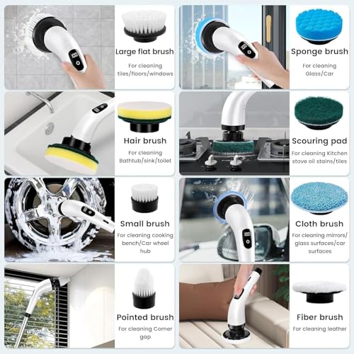 Image of Electric Spin Scrubber for Cleaning, Electric Mop for Floor Cleaning with 9 in 1 Replaceable Heads-90Mins Work Time,3 Adjustable Size,2 Adjustable Speeds for Bathroom Shower,Tile, Floor (Large)
