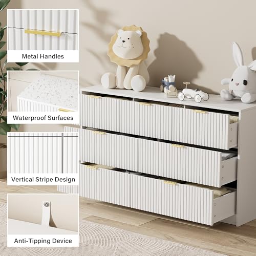 Image of Furniway White 7 Drawer Dresser for Bedroom, 55.1 inch Wide Fluted Wood Dresser
