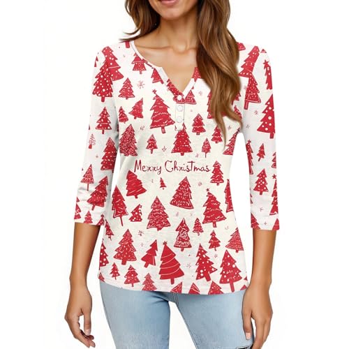 Image of Women Christmas Shirt 3 /4 Length Sleeve Henley Tops Xmas Outfits