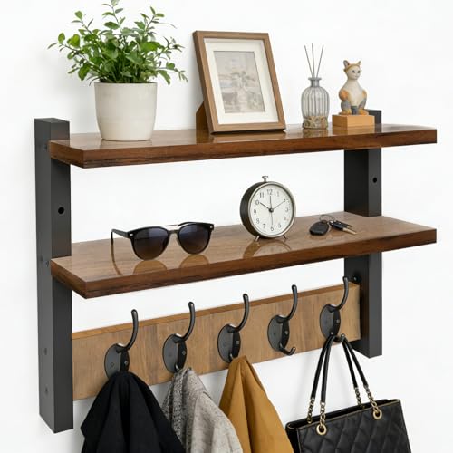 IDUNSEED Perchero de Pared con 2 Estante 5 Ganchos, Colgador Pared Madera para Pasillo, Dormitorio, Sala de Estar, Barra Perchero Pared para Guardar Abrigos, Sombreros, Llaves y Adornos