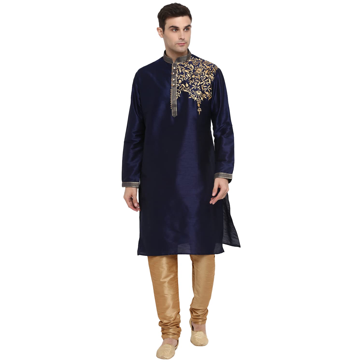 Men's Full Sleeve Regular Fit Banded Collar Designer Kurta & Churidar Set-image-11