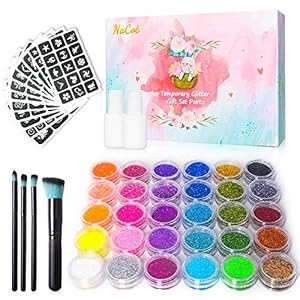 Glittertattooset voor kinderen, tijdelijke tatoeages, make-up, lichaam, glitter, kunstdesign met 30 kleuren, glitterfeestjes, festivals, geschenken voor meisjes en jongens