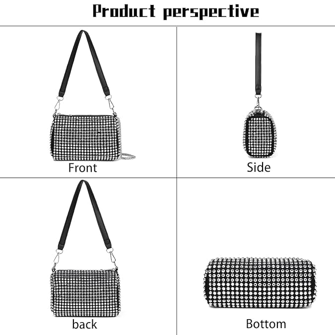 Image of Classy Bag Women's Rhinestone Studded Shoulder Bag - Black Barrel Purse with Detachable Chain Strap - Sparkly Evening Handbag for Party, Prom, or Night Out