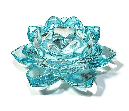 キャンドルスタンド 蓮の花 ガラス製 クリスタル カラー キャンドルホルダー 燭台 ろうそく立て (青)のサムネイル