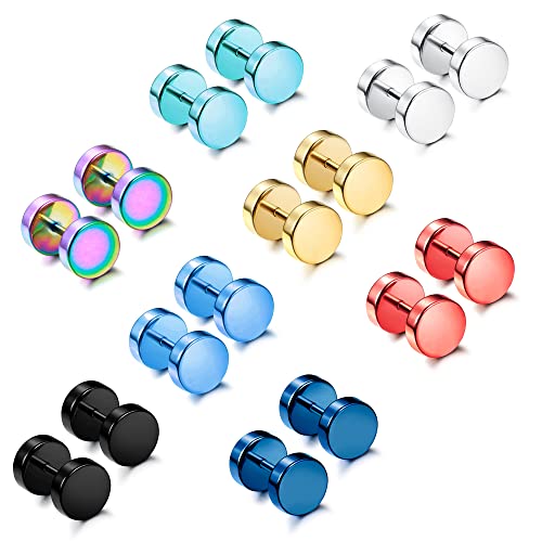 THUNARAZ 8Pairs Stainless Steel Dot Earrings For Men Women Tunnel Punk Style Stud Earrings Unisex Rainbow Piercing Plugs Fake Gauge Screwback Earrings 6/7/8mm