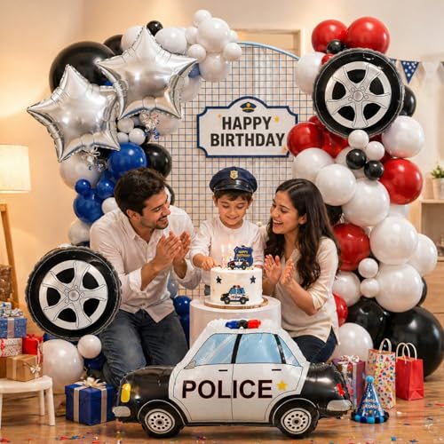 Image of Rozi Decoration Police Theme Birthday Decoration Kit 45 Pcs with Police Car Foil, Star & Wheel Balloons and Red, Blue, Black, White Latex Balloons Set for Kids Party Decoration