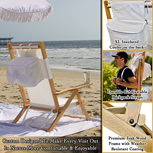 South Bay Beach Life™ - Luxury Beach Chair - Custom, Xl Teak Wood Frame Chairs With Insulated Coolers - Portable Backpack Straps - 4 Position Recline - Uv Resistant - Stainless Steel Parts #TOP2