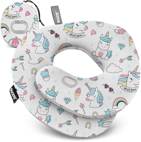 Image of BCOZZY Kids Chin Supporting Travel Pillow for Ages 3-7- Patented Soft Neck Pillow for Head and Chin Support in Car Seat and Airplane. Comfortable Travel Essential. Small Size, Bag, Unicorn