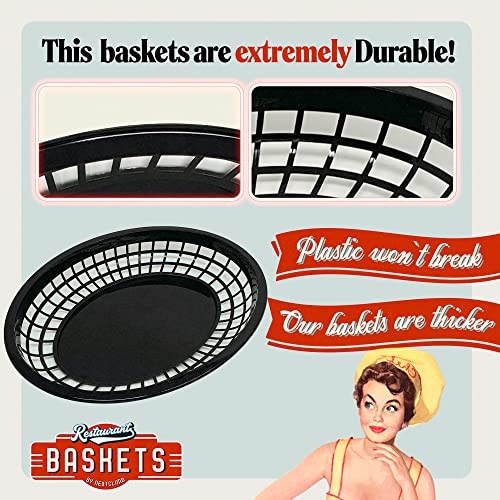 Restaurant Basket Fast Food Baskets - Huge 12” X 9” Size Classic Oval Retro Plastic Foodservice Bread, Burger & Fries Tray Platter Set For Party, Picnic, Barbecue (Black 96-Pack) #TOP2