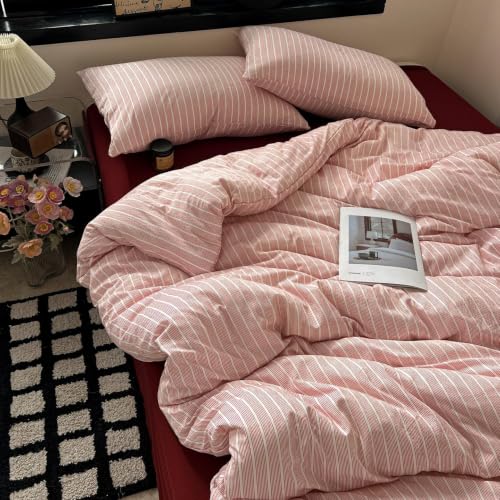 Image of Striped Duvet Cover Set Twin Size Red White Stripes Bedding Set