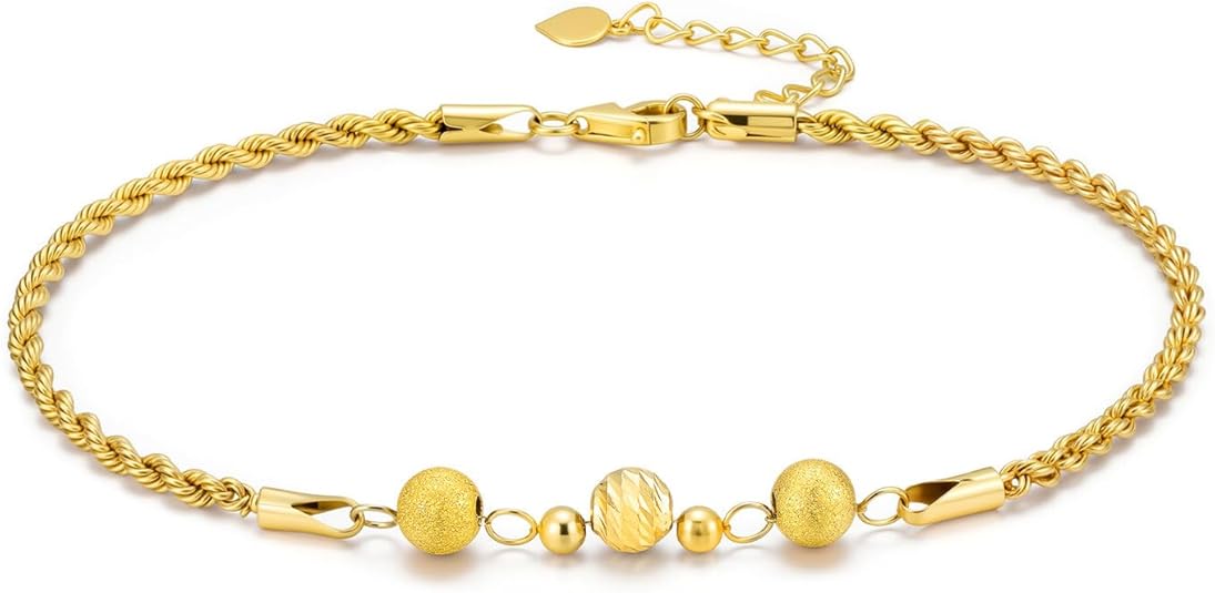 SISGEM 18k Gold Diamond-Cut Bead and 2.2 MM Rope Chain Anklet for Women, Real 18 Karat Gold Ankle Bracelet, 9-10.3 Inches
