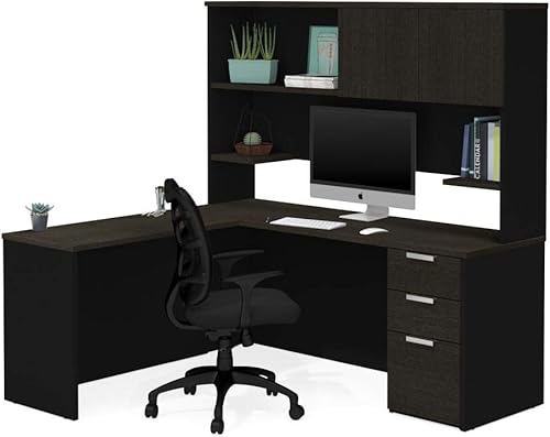 Bestar Pro-Concept Plus - Escritorio en forma de L de 72 W con pedestal y gabinete en gris oscuro y negro