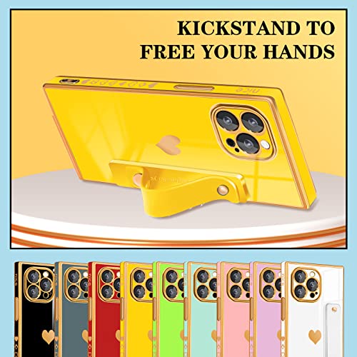 Petitian for iPhone 14 Pro Case with Stand/String, Luxury Cute Women Girls Heart Electroplated Designer Phone Cases for 14 Pro, Neon Yellow - image 3