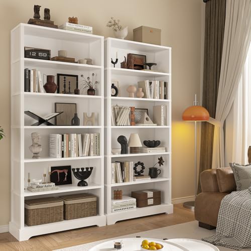 Image of TVU 6-Tier Wooden Bookshelf, 77.2 inch Tall Farmhouse Style Open Bookcase, 31.5 inch W Standing Bookshelf with Storage, Suitable for Study, Living Room, Office, White