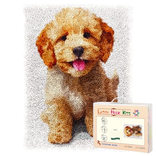 Latch Hook Rug Kit Cute Golden Doodle Puppy with Tongue Out Pre-Printed Handmade Carpet Crochet Yarn Craft DIY Hook and Latch Door Mat Tapestry for Home Floor Decoration 60x40cm-1