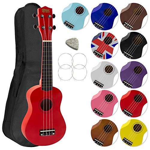 Mad About SU8-RD Ukulele soprano in rosso con custodia morbida, plettro e corde di ricambio, Ora dotato di corde in carbonio nere che offrono un suono più brillante