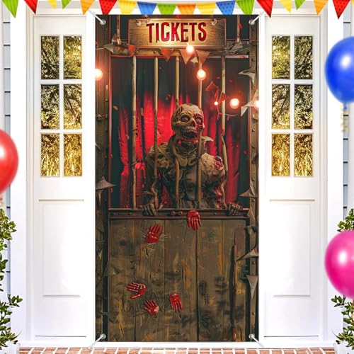 Image of BlissYard Halloween Zombie Booth Door Cover 35x71 Inch Polyester | Entry Banner, Wall Backdrop | Zombie Booth Door Decor, Indoor Party Scene | Porch, Hallway, Photo Area (Night Art)
