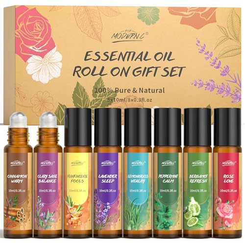 Set de Aceites Esenciales Roll-On, 8x10 ML, Aceites Esenciales Portátiles, Aceite de Aromaterapia con Lavanda, Menta, Limoncillo, Salvia Esclarea y Bergamota, Regalo Relajante para Mujeres y Hombres