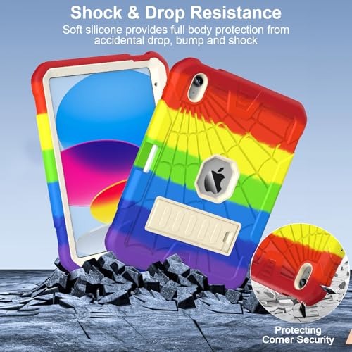 SIBEITU Case for iPad (A16) 11th Gen 11-inch 2025 & iPad 10th Gen 10.9 Inch 2022, Rugged Military Grade Protective Cover Built-in Kickstand & Pencil Holder | Vibrant Rainbow for Young Artists & Kids