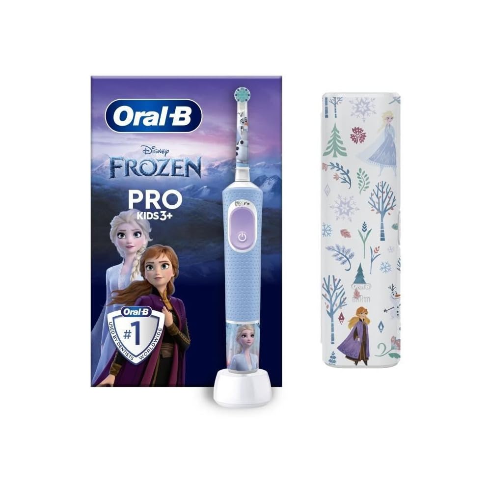Oral-B Pro Kids Frozen Electric Toothbrush, Children from 3 Years, Includes Sensitiv+ Mode for Dental Care, Extra Soft Bristles, 1 Brush Head, 1 Travel Case, 4 Stickers, Blue/Purple