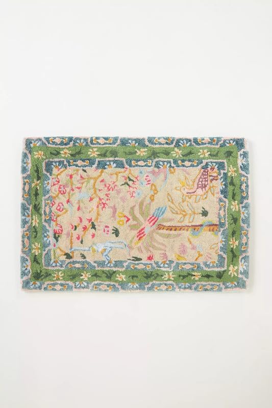 Hand-Tufted Wool & Viscose Area Rug (8x10 Ft) - Multi-Color Nature Inspired Design with Green Border, Luxury Soft Pile Carpet for Living Room, Bedroom, and Hallway