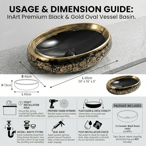 Image of Inart Ceramic Wash Basin | Counter Top Basin | Living room or Bathroom Table Top Basin | Black Gold Color | Size 60 x 40 x 15 CM