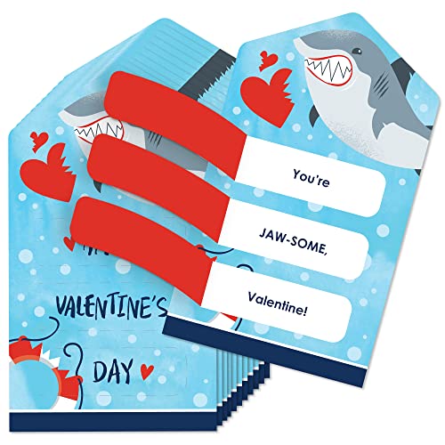 Image of Big Dot of Happiness Shark Zone - Jawsome Shark Cards for Kids - Happy Valentine's Day Pull Tabs - Set of 12