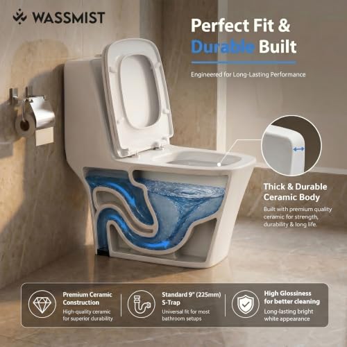 Image of WASSMIST Commode Toilet | One Piece Western Toilet for Bathroom with 10 Year Glaze Warranty | PP Soft Close Seat Cover | 225 mm S Trap
