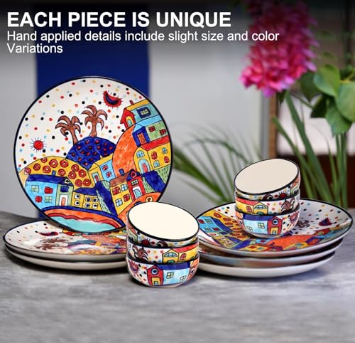 Image of Hut Family Hand-Painted Glossy Dinner Set Ceramic Stoneware Dinner Set of 12 Pieces | 6 Dinner Plate 10.3 Inch & 6 Serving Bowls 180 Ml | Dishwasher & Microwave Safe - Multicolor, Solid