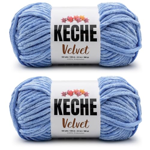 Image of Keche Velvet Yarn for Crocheting, Soft Chenille Bulky Baby Blanket Amigurumi Yarn 2x100 gr (2x132 yds) (2 Skeins) Blue