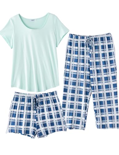 Image of Ekouaer 3 PCS Capri Pajamas for Women Set Short Sleeve Pajama Lounge Sets | Floral Pj Sets Top and Capri Pants Soft Comfy Sleepwear with Pockets for Home, Daily Wear for Mom, Wife, Grandmother