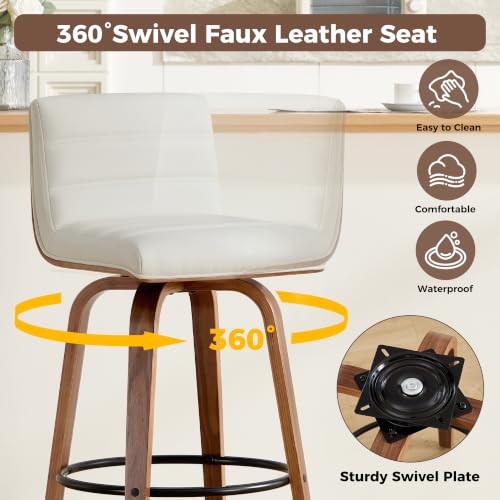 Image of Swivel Bar Stools Set of 2,26 inch Faux Leather Counter Height Barstools with Back,Mid Century Modern Upholstered Bar Chairs with Bentwood Legs Island Stools for Kitchen Counter White