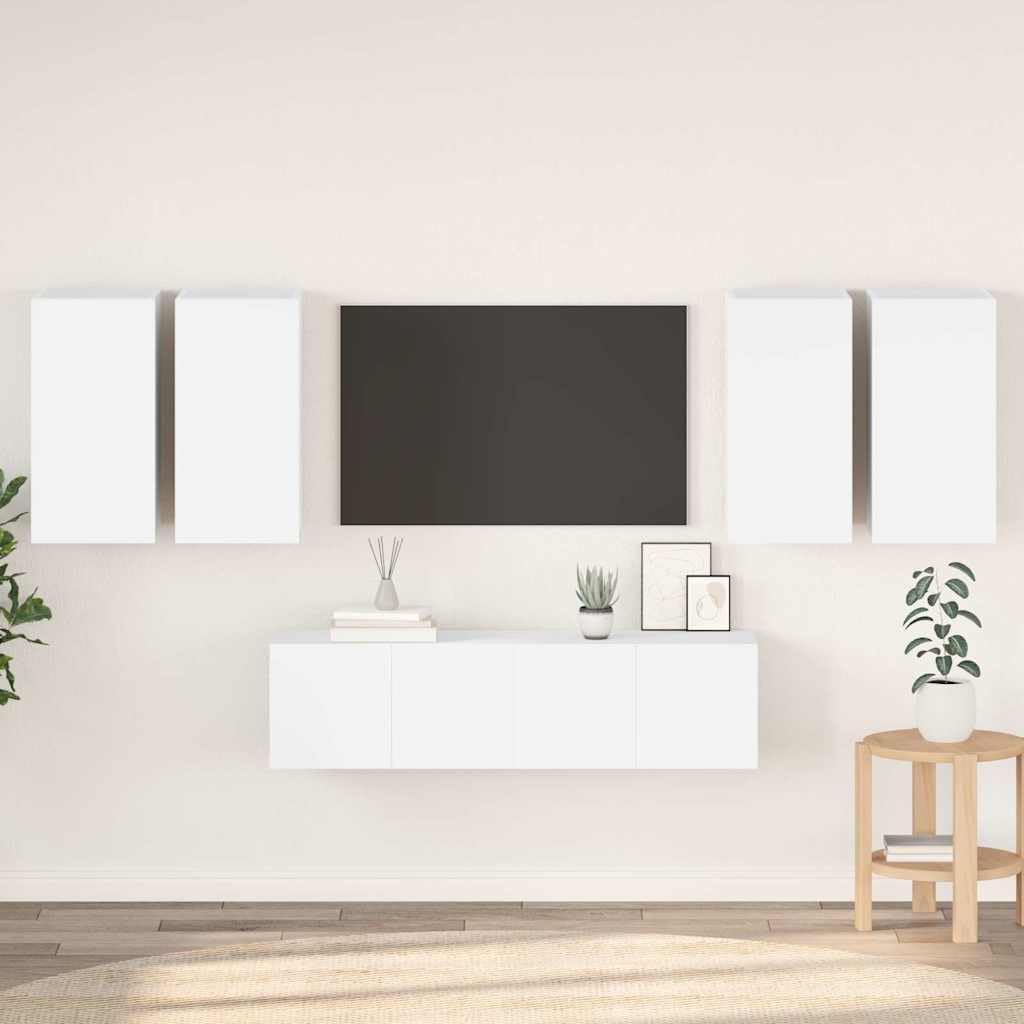6-TLG. TV-Schrank-Set Weiß Holzwerkstoff, Hängend, Modernes Media-Center für Wohnzimmer, Schlafzimmer, Stauraum, 30x30x60cm