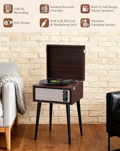 Image of Vintage Standing Vinyl Record Player with Detachable Legs, PC Recording, 3-Speed Belt Driven Bluetooth Turntable Built-in Stereo Speakers Use as Stand or Tabletop Player, Home Decor, Espresso