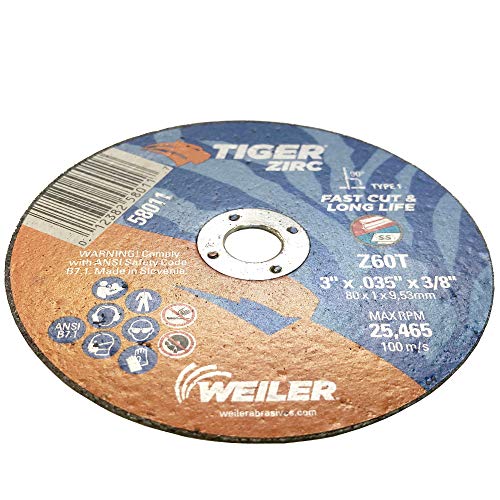 Image of Weiler 58011 3-Inch Cutting Wheel, Tiger Zirc Metal Fast Cut & Long Life, High Performance Cutting, 0.035 inch Z60T Type 1 3 /8 inch Arbor (Pack of 100)