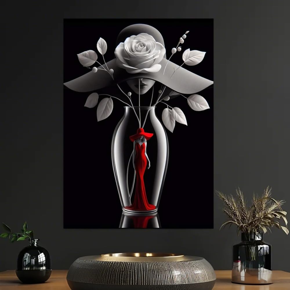 1 cuadro de pared con la imagen de una hermosa mujer vestida de rojo, estilo animación con motivos florales, ideal para sala de estar, dormitorio o baño (55 x 75 cm con marco).